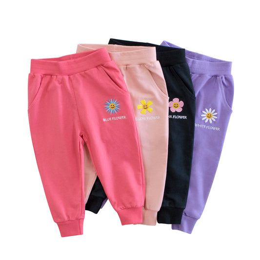 FashionRay kids sweatpants in pink, peach, black, and lavender with flower embroidery