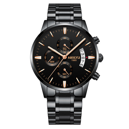 Men's black stainless steel NIBOSI chronograph watch with gold accents, FashionRay