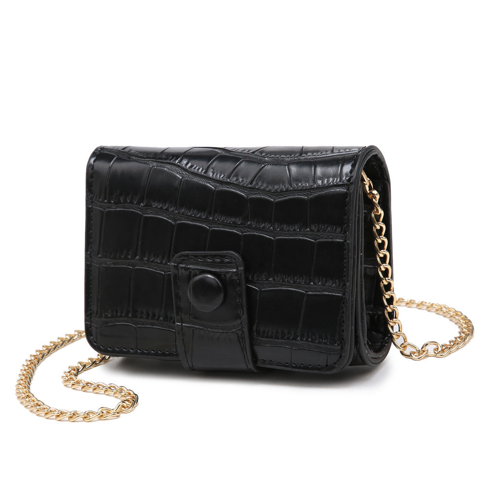FashionRay black crocodile-texture mini purse with gold chain strap on white background