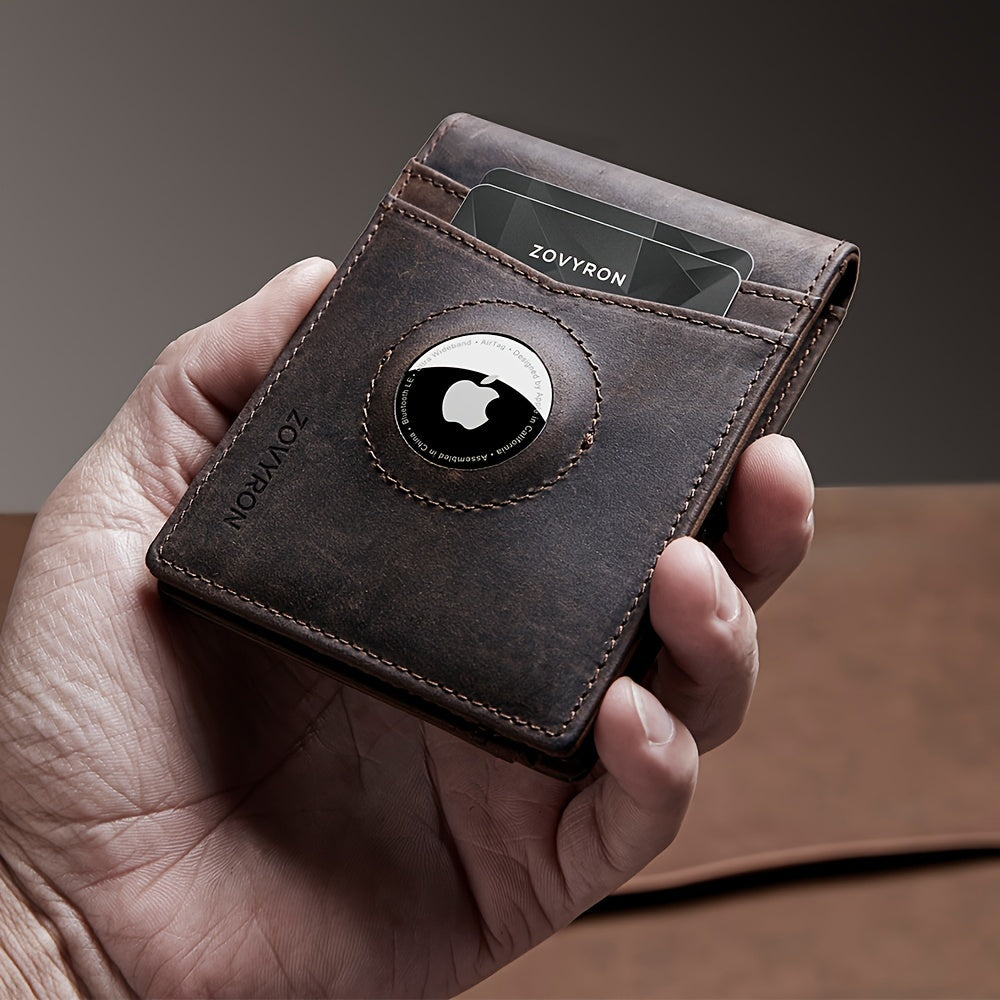 Hand holding brown leather wallet with card and AirTag slot, modern men’s accessory