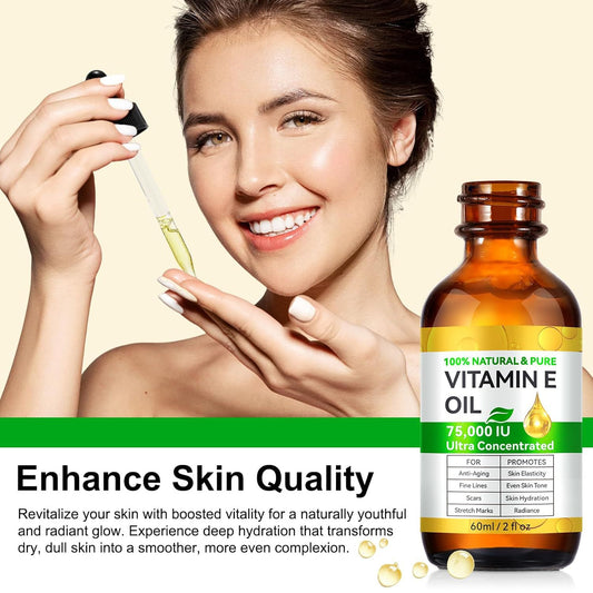 Smiling woman applying vitamin E oil serum, skincare product bottle in foreground, FashionRay