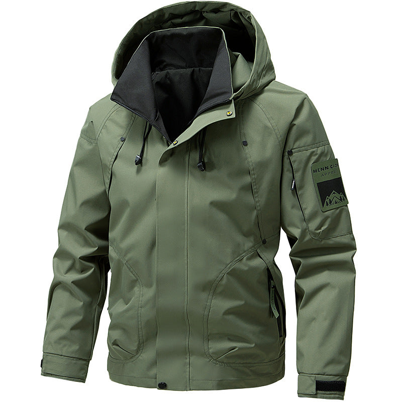 Olive green hooded jacket with mountain patch, outdoor style from FashionRay