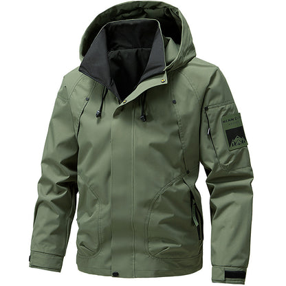 Olive green hooded jacket with mountain patch, outdoor style from FashionRay