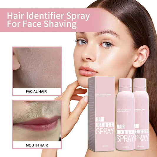 Woman with smooth skin using Hair Identifier Spray for face shaving, product bottles and packaging shown