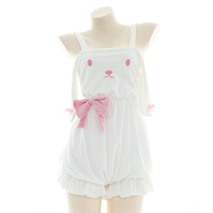 Cute white romper with pink bunny face and bow, trendy loungewear at FashionRay