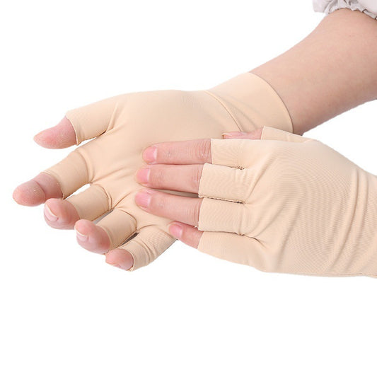 Beige fingerless compression gloves for comfort and support, FashionRay trendy accessory
