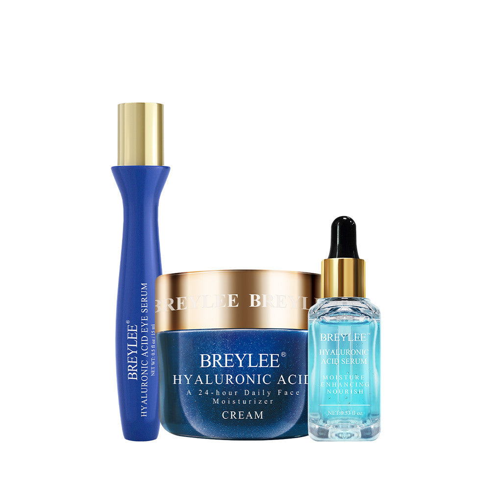 BREYLEE hyaluronic acid serum, eye serum, and face moisturizer cream set on white background