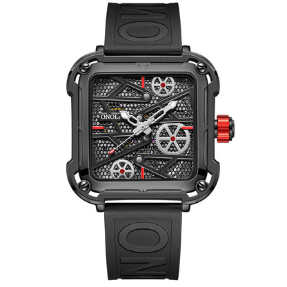 FashionRay modern black square sports watch with exposed gears and red accents
