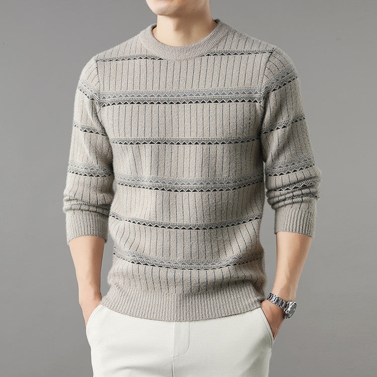 Men’s beige striped sweater with textured knit design, casual fashion from FashionRay