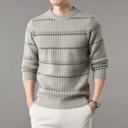 Men’s beige striped sweater with textured knit design, casual fashion from FashionRay