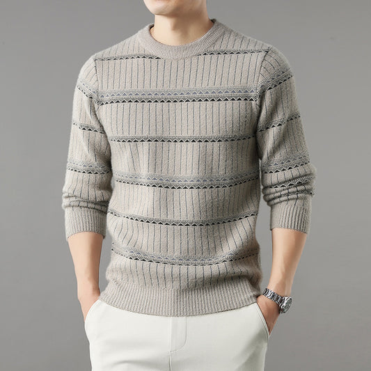 Men’s beige striped sweater with textured knit design, casual fashion from FashionRay