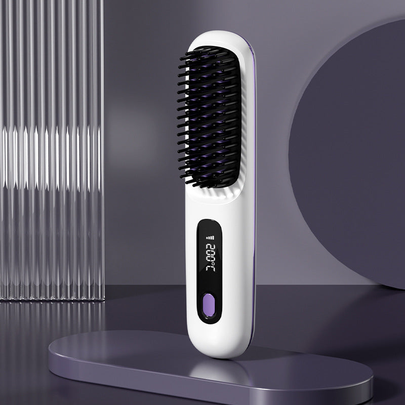 White electric hair straightening brush with digital display on a modern purple background