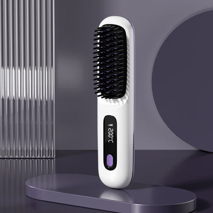 White electric hair straightening brush with digital display on a modern purple background