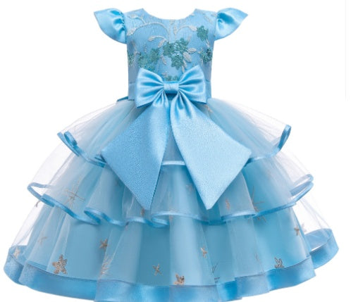 Blue girls' party dress with floral lace, layered tulle skirt, and large bow, FashionRay