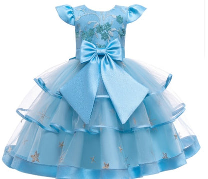 Blue girls' party dress with floral lace, layered tulle skirt, and large bow, FashionRay