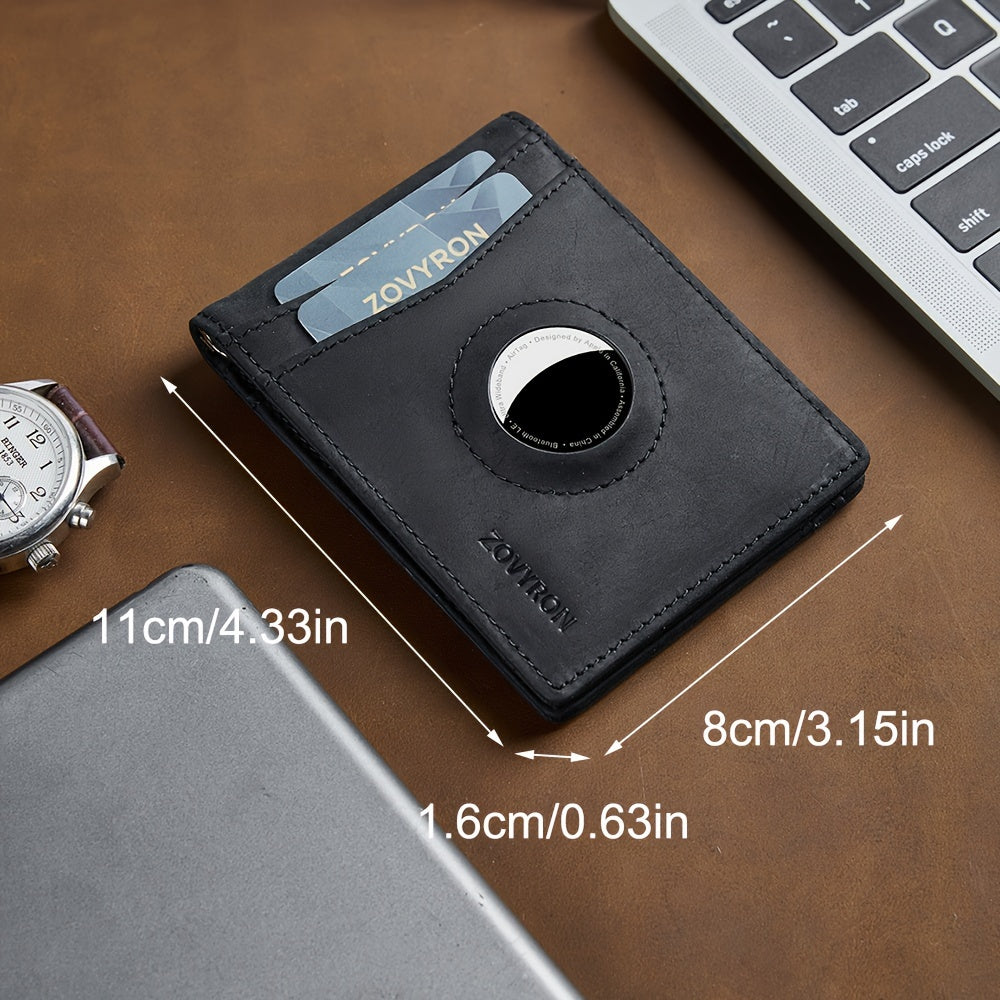 Black minimalist leather card holder wallet with AirTag slot, shown with size dimensions near laptop and watch