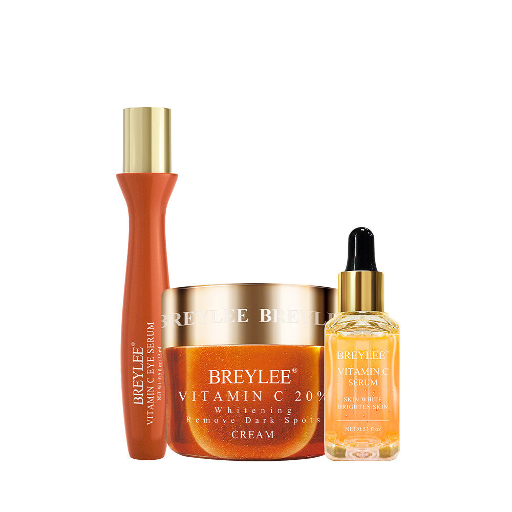BREYLEE Vitamin C eye serum, cream, and serum skincare set on white background