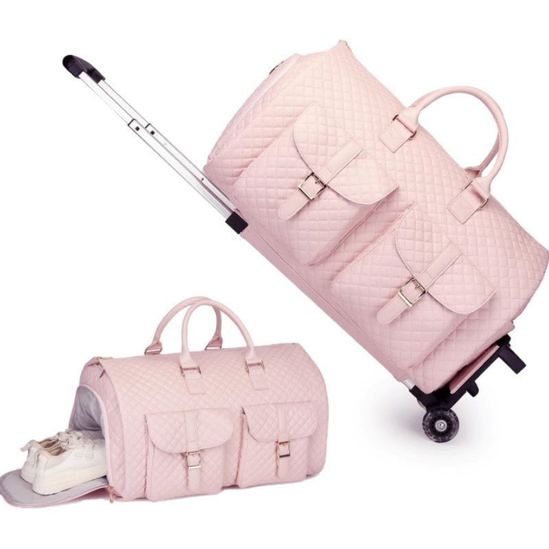 Quilted pink rolling duffel bag with front pockets and separate shoe compartment, FashionRay style