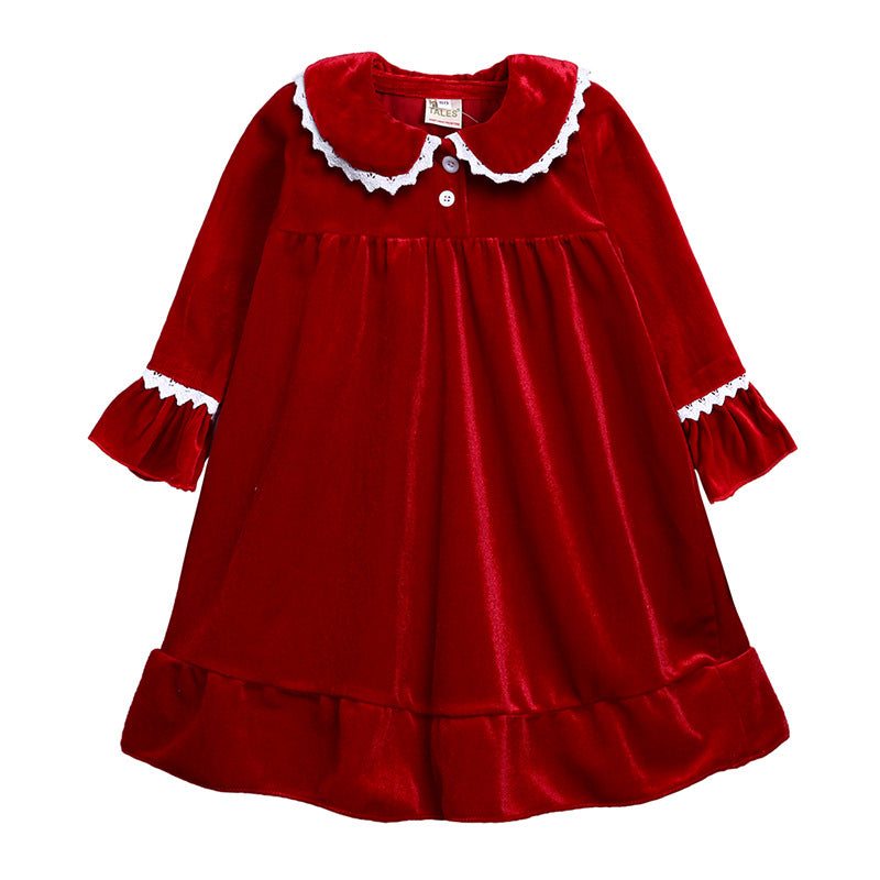 Red velvet long-sleeve girls dress with white lace trim, FashionRay kids trendy clothing