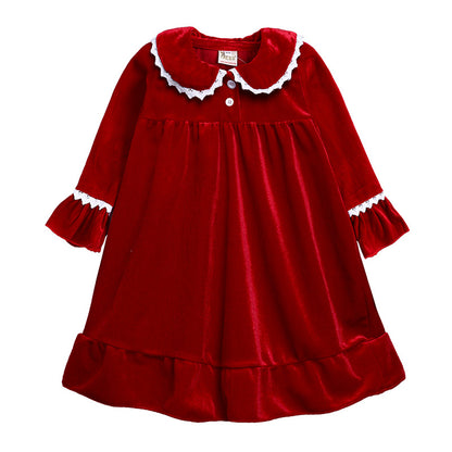 Red velvet long-sleeve girls dress with white lace trim, FashionRay kids trendy clothing
