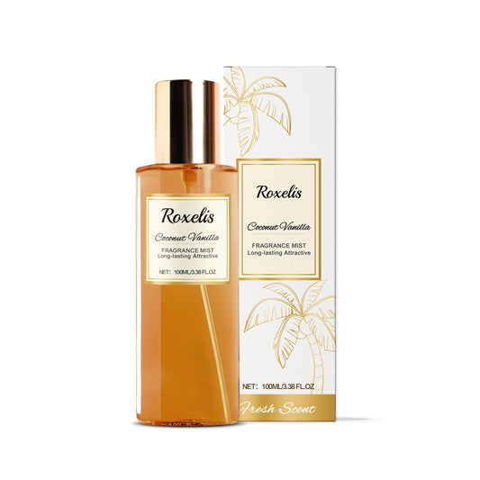 Roxelis Coconut Vanilla fragrance mist bottle and box with gold palm design, 100ml size
