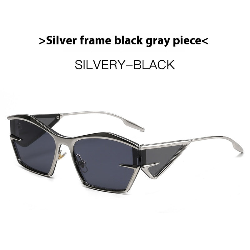 FashionRay silver frame sunglasses with geometric black gray lenses, modern bold eyewear