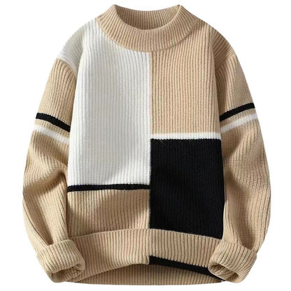 Color block knit sweater in beige, white, and black from FashionRay, trendy casual style