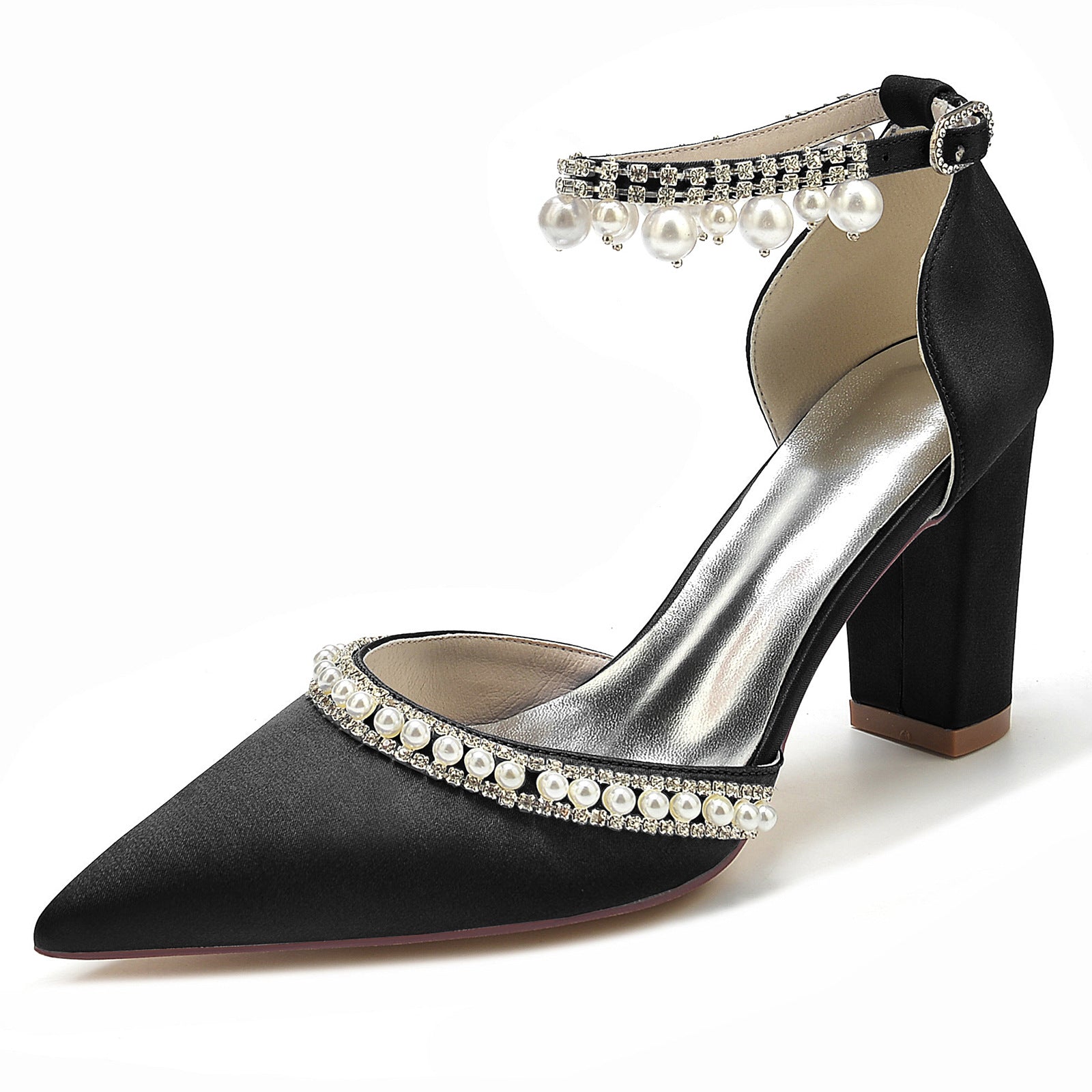 Black satin block heel with pearls and rhinestones, elegant women's fashion shoe from FashionRay