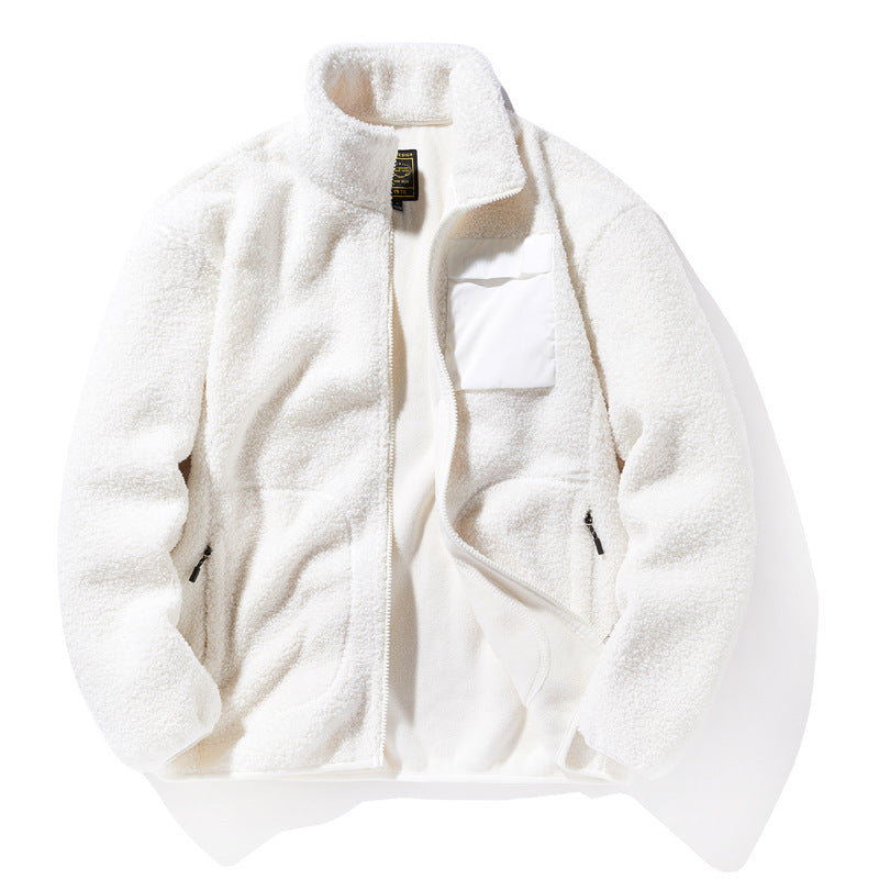 White sherpa fleece jacket with zip front and pocket, FashionRay trendy cozy outerwear
