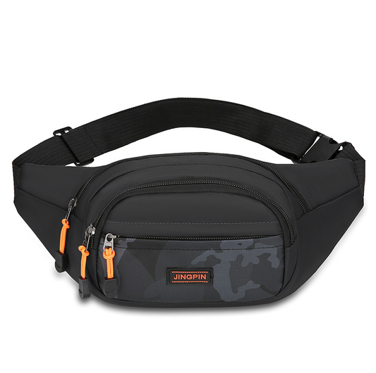 Black fashion waist bag with camo front pocket and orange zipper pulls from FashionRay