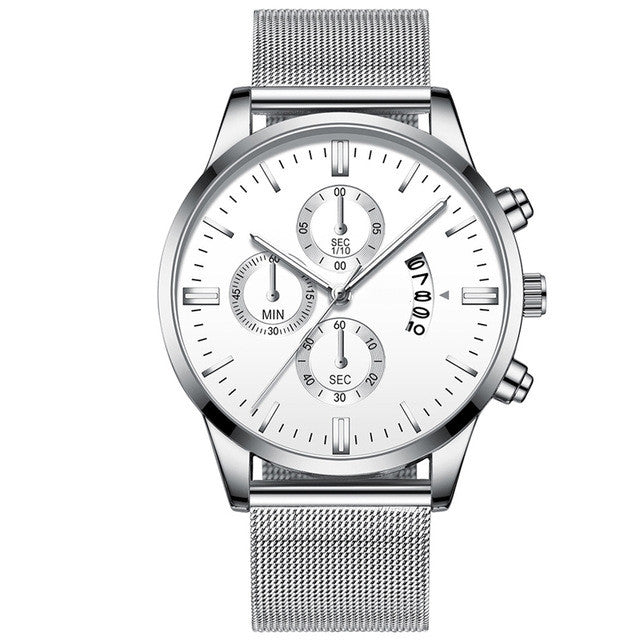 FashionRay silver mesh strap chronograph watch with white dial and subdials
