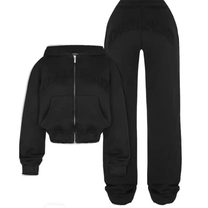 Black zip-up hoodie and jogger pants set, trendy loungewear for women from FashionRay.