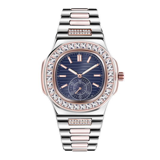 Luxury women's silver and rose gold watch with diamond accents and blue dial, FashionRay