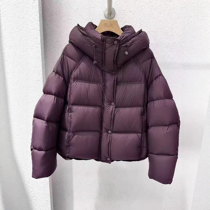 Plum purple puffer jacket with hood on hanger, FashionRay trendy winter outerwear