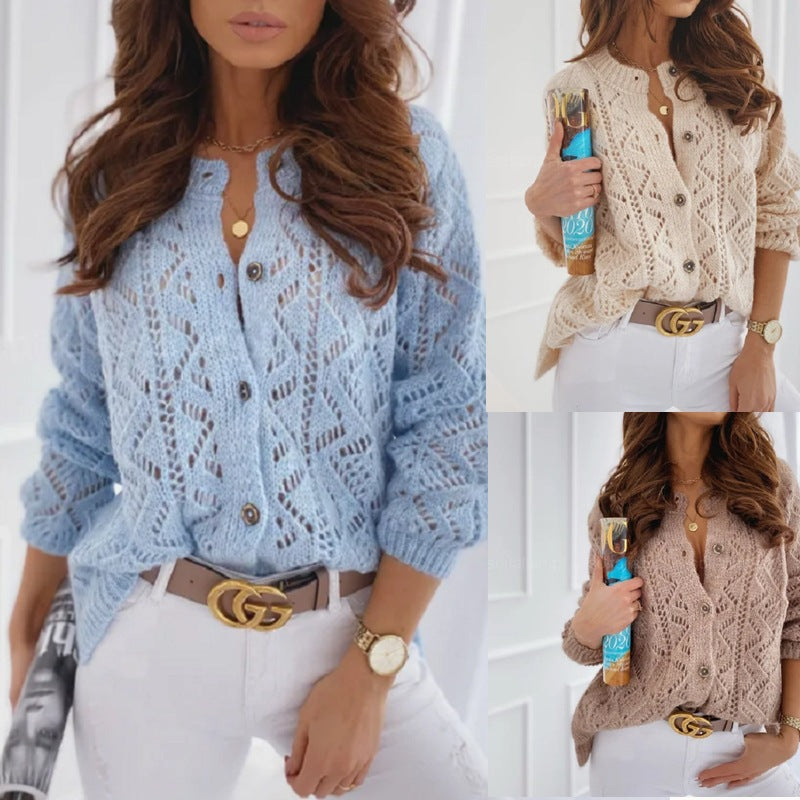Woman models FashionRay knit button cardigan in blue, beige, and taupe with white pants.