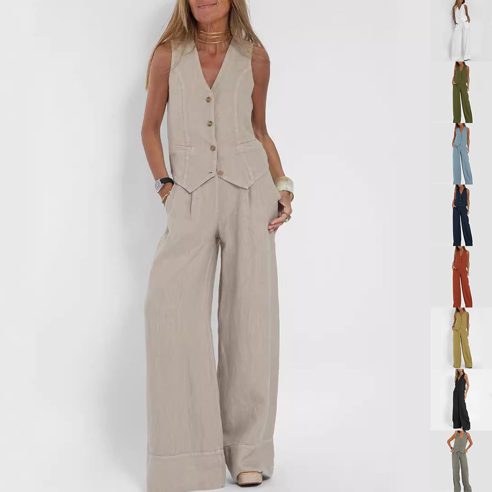 Woman wearing beige linen vest and wide-leg pants set from FashionRay with color options shown.