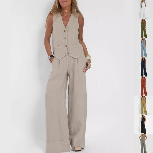 Woman wearing beige linen vest and wide-leg pants set from FashionRay with color options shown.