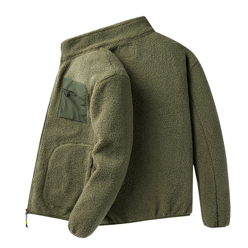 Olive green fleece jacket with zip pocket, cozy outerwear from FashionRay