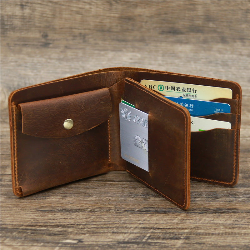 Brown leather wallet with card slots and coin pocket on wood surface, FashionRay accessory