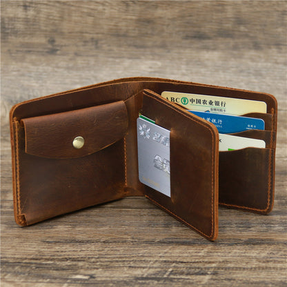 Brown leather wallet with card slots and coin pocket on wood surface, FashionRay accessory
