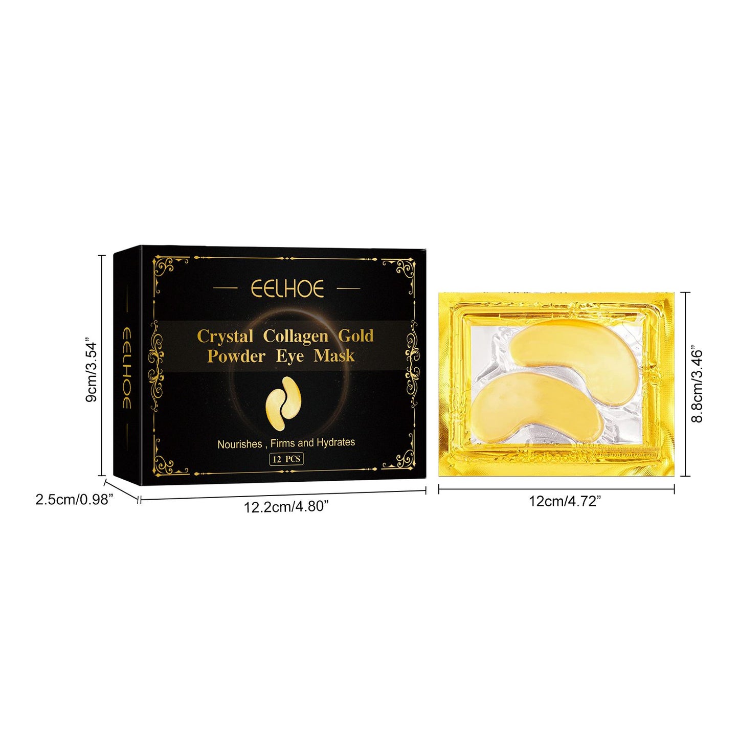 EELHOE Crystal Collagen Gold Powder Eye Mask box with gold eye mask pads, beauty skincare product