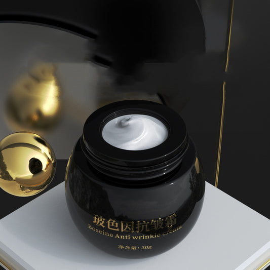 Boscine Anti Wrinkle Cream in glossy black jar with gold text on modern display, FashionRay skincare