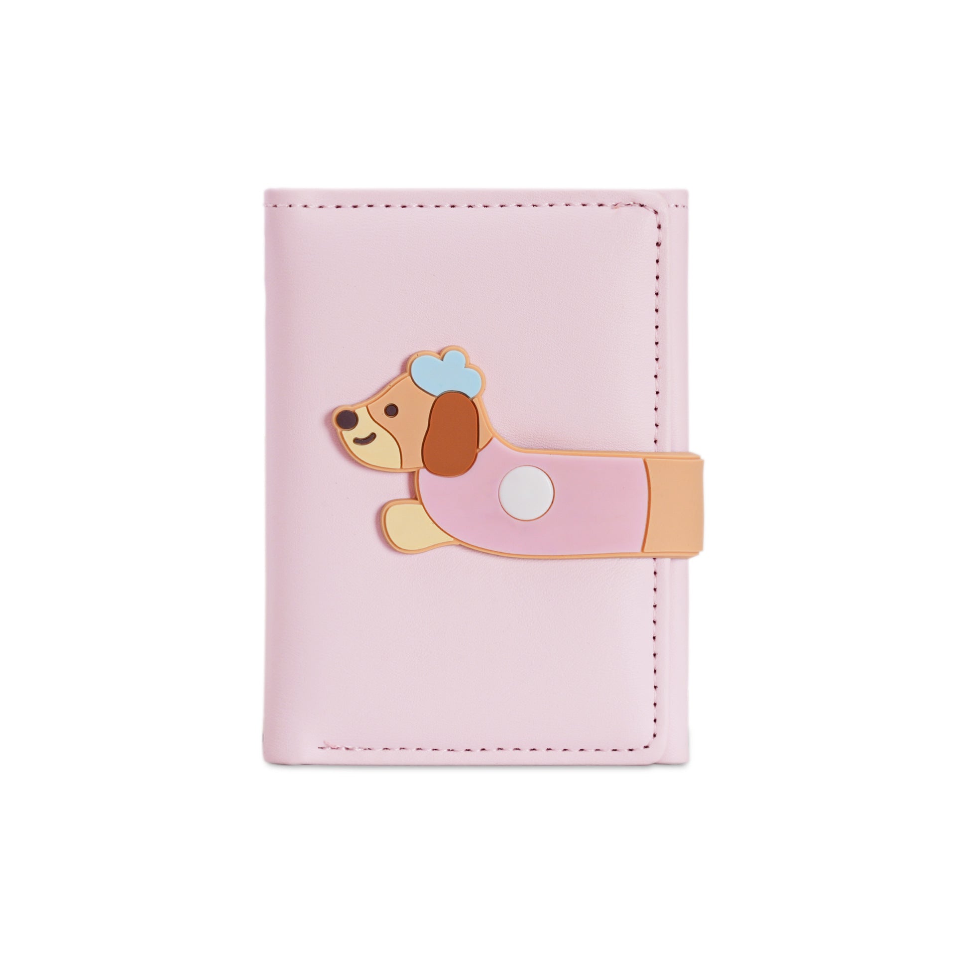 Pink wallet with cute dog cartoon clasp, trendy accessory from FashionRay