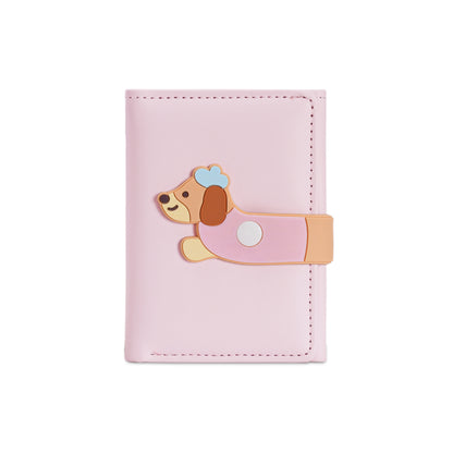 Pink wallet with cute dog cartoon clasp, trendy accessory from FashionRay