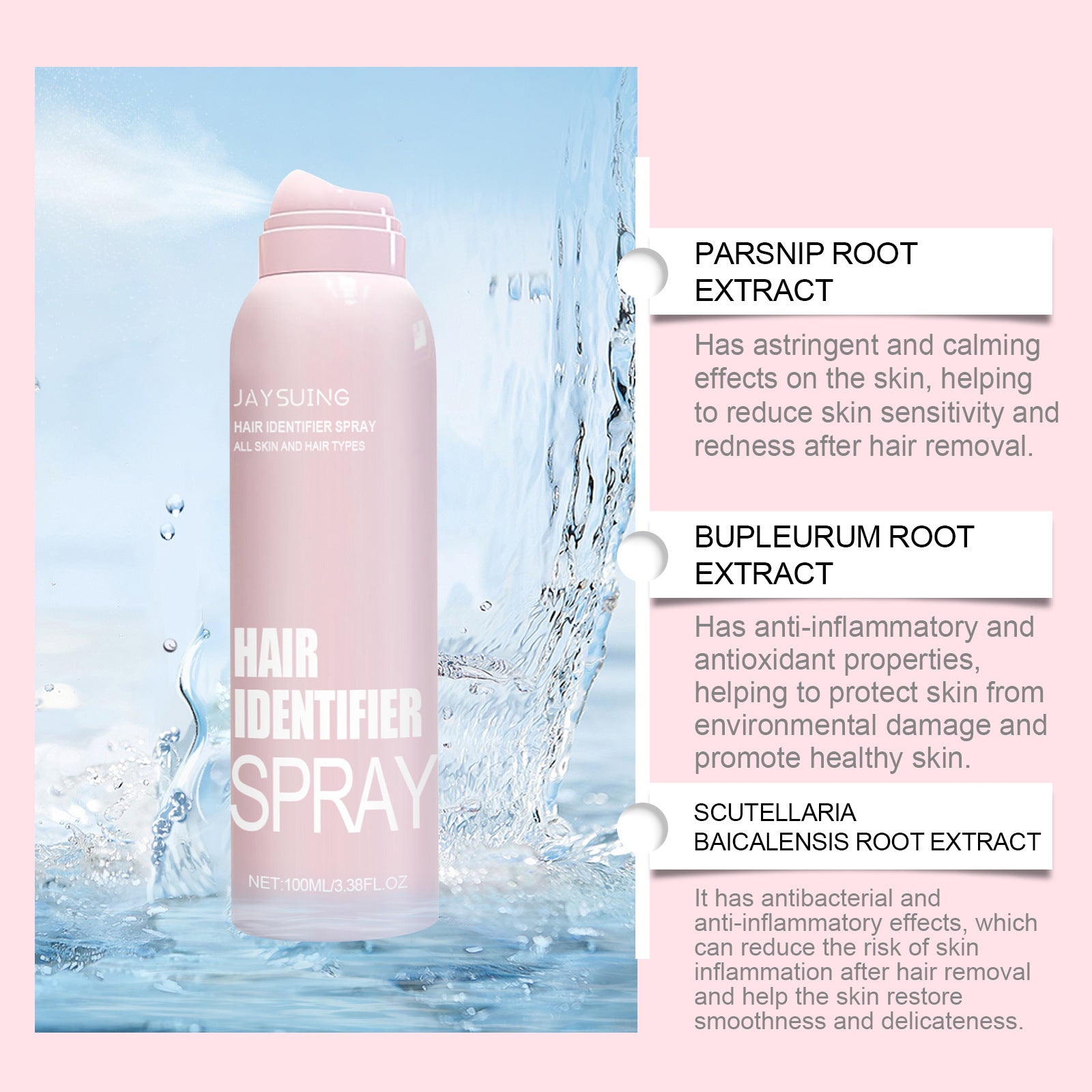 JAYSUING Hair Identifier Spray pink bottle with water splash, promoting root extract skincare benefits.