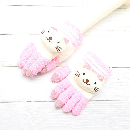 Pink fuzzy cat face gloves with white stripes on white wooden background, FashionRay kids accessory