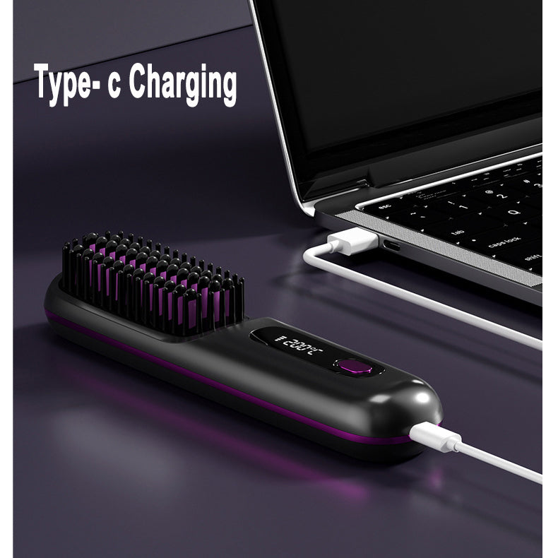 Black electric hair straightening brush with type-c charging, connected to laptop, FashionRay