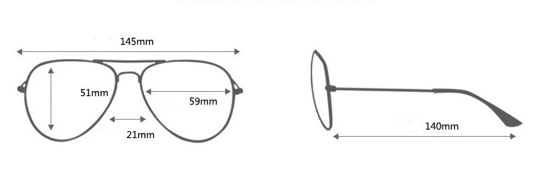 Aviator eyeglasses size chart with detailed frame and lens measurements, FashionRay fashion.