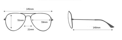 Aviator eyeglasses size chart with detailed frame and lens measurements, FashionRay fashion.