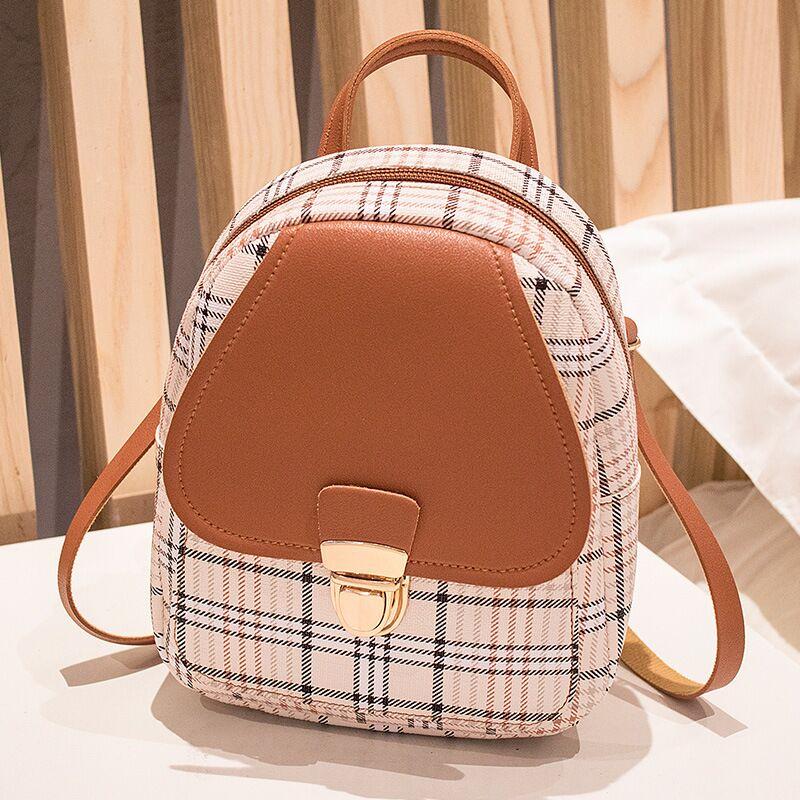Trendy plaid mini backpack with brown faux leather flap and gold clasp, FashionRay style